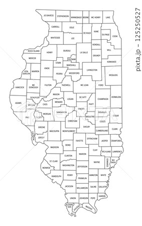 State of Illinois, subdivided into 102 counties, outline map. State in the Midwestern United States, nicknamed Land of Lincoln, Prairie State, and Inland Empire State. Isolated illustration. Vector 125250527