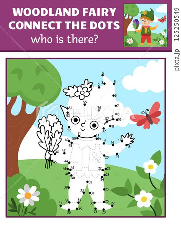 Vector fairyland dot-to-dot and color activity with elf, colored nature scene. Magic forest or garden fairy connect the dots game for children. Who is missing printable worksheet with cute boy 125250549
