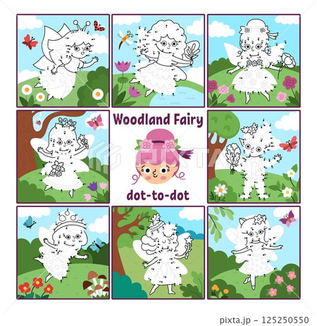 Vector fairyland dot-to-dot and color activity set with fairy, colored nature scene. Magic forest, garden connect the dots game for children. Who is missing printable worksheet collection with cute 125250550