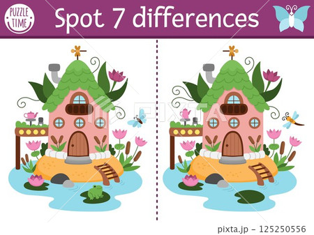 Find differences game for children. Fairyland educational activity with cute swamp fairy house. Magic forest puzzle for kids. Fairytale printable worksheet, page for attention with fantasy home Find differences game for children. Fairyland educational activity with cute swamp fairy house. Magic forest puzzle for kids. Fairytale printable worksheet, page for attention with fantasy home 125250556