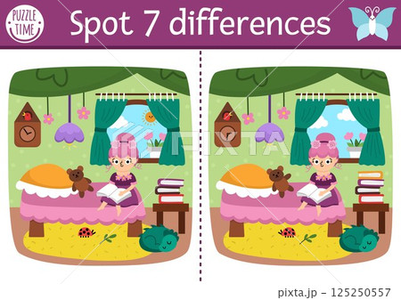 Find differences game for children. Fairyland educational activity. Landscape with flower fairy reading in cozy bedroom in tree house. Magic forest puzzle for kids. Fairytale printable worksheet Find differences game for children. Fairyland educational activity. Landscape with flower fairy reading in cozy bedroom in tree house. Magic forest puzzle for kids. Fairytale printable worksheet 125250557