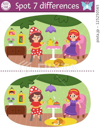 Find differences game for children. Fairyland educational activity. Landscape with fairies drinking tea in cozy room in tree house. Magic forest puzzle for kids. Fairytale printable worksheet 125250565