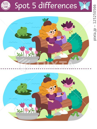 Find differences game. Fairyland educational activity. Landscape with acorn fairy sitting on the bench in park or garden, feeding bird. Magic forest puzzle for kids. Fairytale printable worksheet 125250566