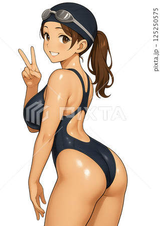 競泳水着姿でピースサインをする女性 125250575