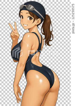 A woman in a swimsuit making a peace sign A woman in a swimsuit making a peace sign 125250575