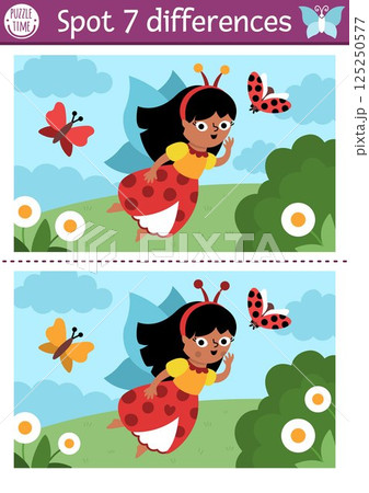 Find differences game for children. Fairyland educational activity with landscape with fairy bug on meadow. Magic forest puzzle for kids. Fairytale printable worksheet, page with fantasy girl 125250577