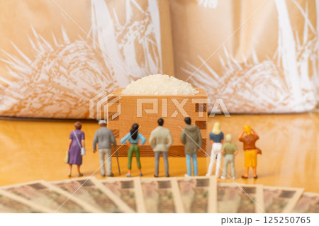 米価 お米の価格 家計のイメージ、枡に入ったお米と米袋の前に立つミニチュアの人々 125250765