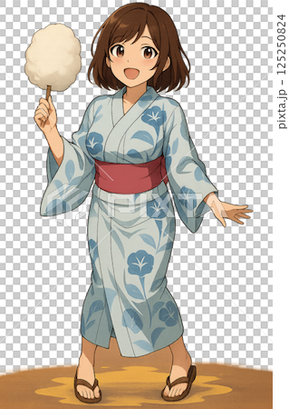 身穿浴衣、手持棉花糖、微笑的女子 125250824