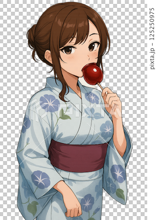 浴衣姿でりんご飴を食べる女性 125250975
