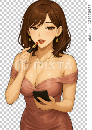 A woman in a pink dress putting on lip makeup A woman in a pink dress putting on lip makeup 125250977