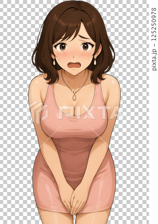 A woman in a pink dress bowing in a troubled manner A woman in a pink dress bowing in a troubled manner 125250978