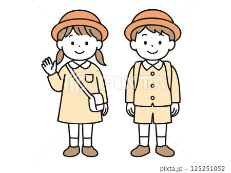 幼稚園の制服を着た園児の男の子と女の子のイラスト（入園・登園・笑顔） 125251052