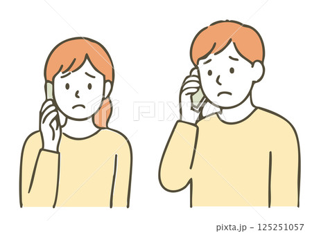 不安そうに電話をする若い男女のイラスト(連絡・トラブル・心配) 不安そうに電話をする若い男女のイラスト(連絡・トラブル・心配) 125251057