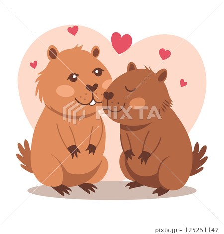 Cute funny couple of capybaras in love. Illustration, children's print, postcard. Cute funny couple of capybaras in love. Illustration, children's print, postcard. 125251147