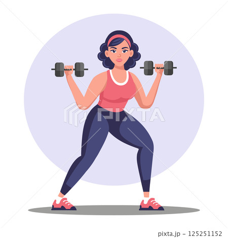 Fitness. Woman working out with dumbbells in the gym. Woman lifting weights during fitness exercise. Sports. Illustration. 125251152