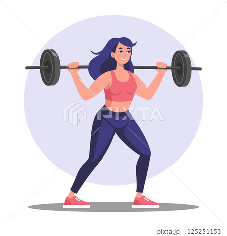 Fitness. Woman doing exercises with a barbell. Girl lifting weights in the gym. Sports and lifestyle. Illustration. Fitness. Woman doing exercises with a barbell. Girl lifting weights in the gym. Sports and lifestyle. Illustration. 125251153