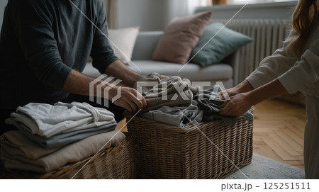 Couple Folding Laundry in a Cozy Living Room 125251511
