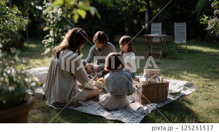 Family Enjoying a Sunny Garden Picnic 125251517