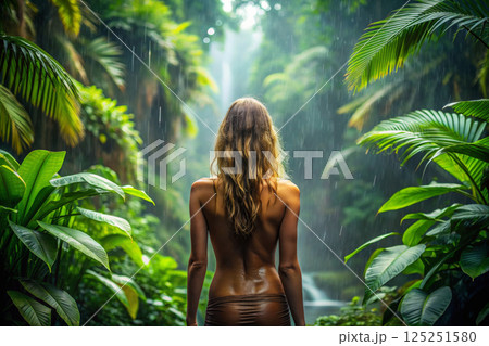 Sexy girl in jungle palms. Beautiful female naked back in Tropics. Rain 125251580