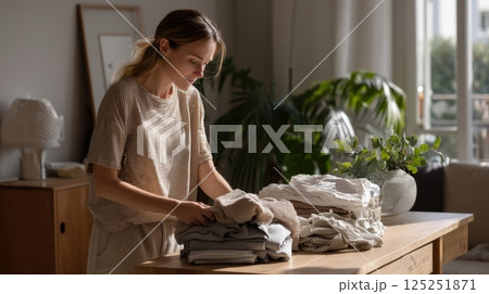 Woman Folding Clothes in Sunlit Room 125251871