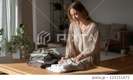 Woman Folding Clothes in Sunlit Room 125251872