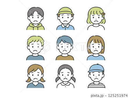 不機嫌な子どもたちのアイコン風イラスト（怒る・ふくれる・感情表現） 125251974