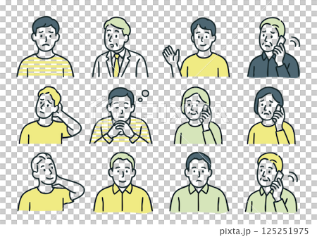 Icon illustration set of various facial expressions and gestures of men (troubled face, phone call, thoughtfulness) Icon illustration set of various facial expressions and gestures of men (troubled face, phone call, thoughtfulness) 125251975