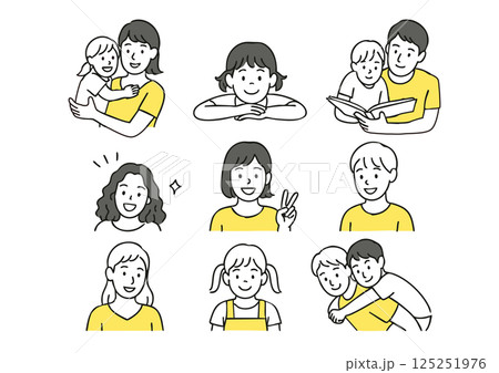 親子のふれあいや笑顔の子どもたちのイラストセット（育児・日常・家族） 125251976