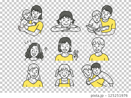 親子のふれあいや笑顔の子どもたちのイラストセット（育児・日常・家族） 125251976