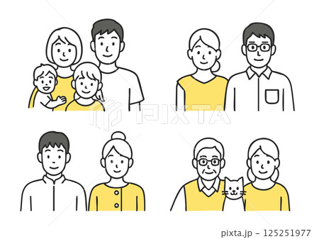いろいろな家族構成のイラストセット(核家族・シニア夫婦・若夫婦・ペット家族) いろいろな家族構成のイラストセット(核家族・シニア夫婦・若夫婦・ペット家族) 125251977