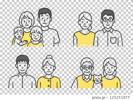 いろいろな家族構成のイラストセット(核家族・シニア夫婦・若夫婦・ペット家族) いろいろな家族構成のイラストセット(核家族・シニア夫婦・若夫婦・ペット家族) 125251977