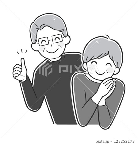 サムズアップするメガネの男性と喜ぶ女性 シニア夫婦のモノクロイラスト 125252175