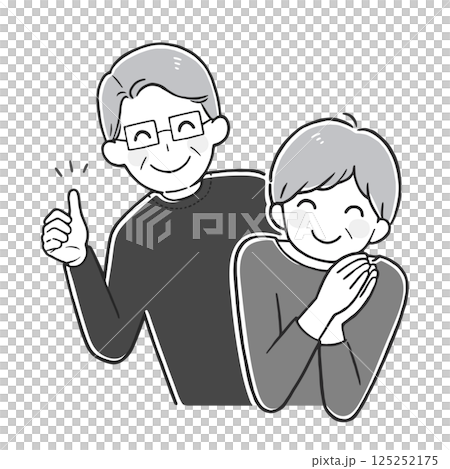 サムズアップするメガネの男性と喜ぶ女性 シニア夫婦のモノクロイラスト 125252175