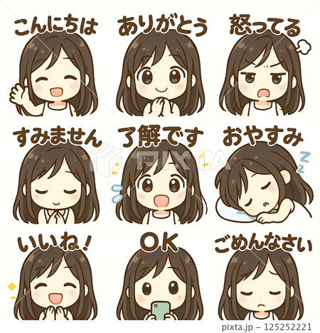 若い女性のちびキャラアイコンセット。笑顔、怒る、いいね、ごめん、OK、ありがとう 若い女性のちびキャラアイコンセット。笑顔、怒る、いいね、ごめん、OK、ありがとう 125252221