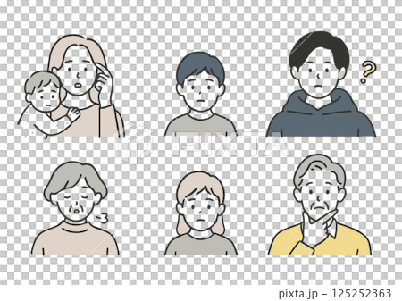 Set of people icons with dissatisfied facial expressions (children to senior men and women) 125252363