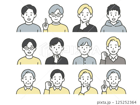 笑顔とポーズのバリエーション豊かな男性アイコンセット(若者〜シニアまで12カット) 笑顔とポーズのバリエーション豊かな男性アイコンセット(若者〜シニアまで12カット) 125252364
