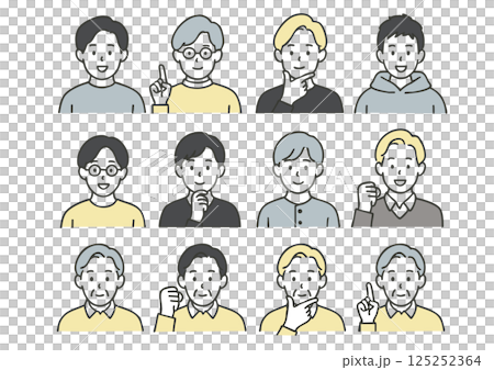 笑顔とポーズのバリエーション豊かな男性アイコンセット(若者〜シニアまで12カット) 笑顔とポーズのバリエーション豊かな男性アイコンセット(若者〜シニアまで12カット) 125252364
