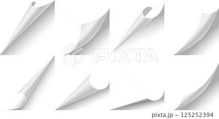 Curled paper corners. Curve page corner, pages edge curl and bent papers sheet with realistic shadow. Paper corner folds isolated on white background Curled paper corners. Curve page corner, pages edge curl and bent papers sheet with realistic shadow. Paper corner folds isolated on white background 125252394