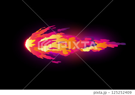 Speed effect cartoon vfx. Comic line blaster shot. Energy fire flame light. Neon color, asteroid flying rock. Flash lightning motion. Fantasy vector element 125252409