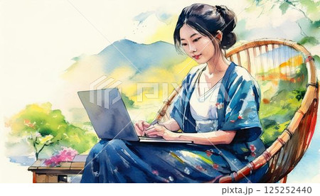 パソコン仕事の女性の水彩画 125252440