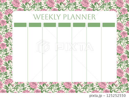 Weekly planner with floral pattern. Delicate pink peonies and leaves on pink background for notes. Kids schedule design template. Life style planner is for 7 days. Vector flat illustration. Weekly planner with floral pattern. Delicate pink peonies and leaves on pink background for notes. Kids schedule design template. Life style planner is for 7 days. Vector flat illustration. 125252550