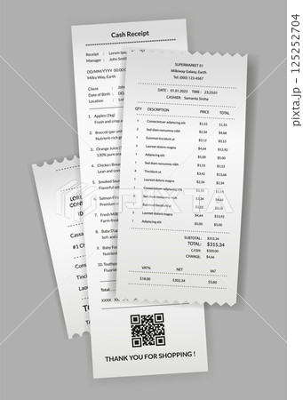 Payment check and receipts. Set of financial paper, purchase invoice. Buying, bill or calculate pay. Receipt the seller forms Payment check and receipts. Set of financial paper, purchase invoice. Buying, bill or calculate pay. Receipt the seller forms 125252704