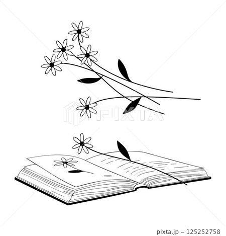 open book with picture of daisy and bouquet of daisy flowers black and white vector illustration 125252758