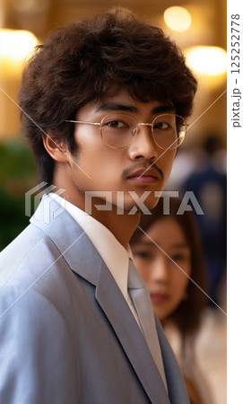 Fashionable businessman wearing eyeglasses and suit posing in elegant location 125252778