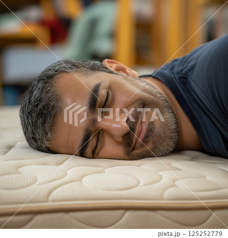 Customer enjoying comfort, lying on orthopedic mattress in furniture store 125252779
