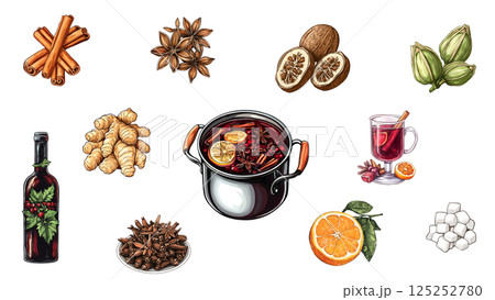 Mulled wine ingredients and preparation with transparent background 125252780