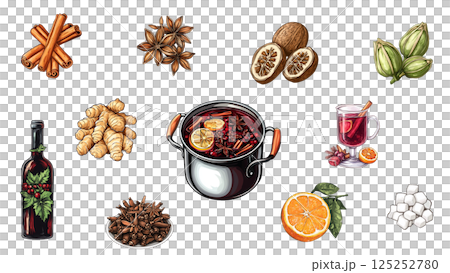 Mulled wine ingredients and preparation with transparent background 125252780