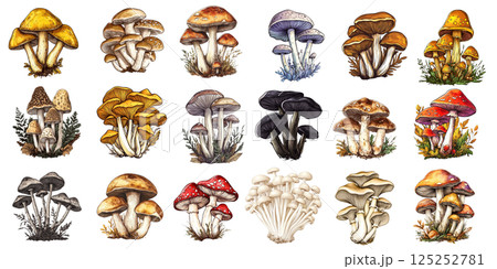 Set of colorful mushrooms growing on transparent background 125252781