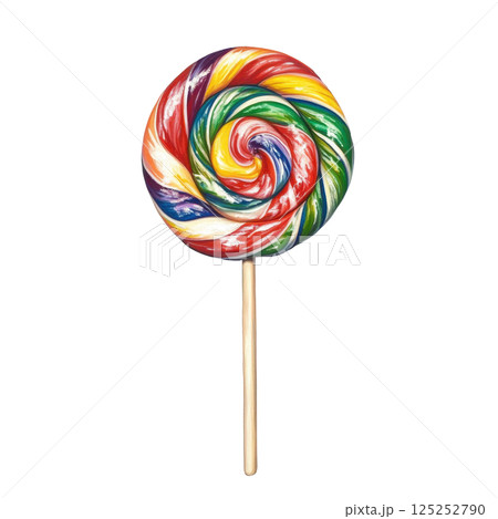 Rainbow colored lollipop with wooden stick, isolated on white background, representing sweetness and childhood joy 125252790