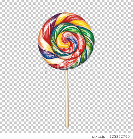Rainbow colored lollipop with wooden stick, isolated on white background, representing sweetness and childhood joy 125252790